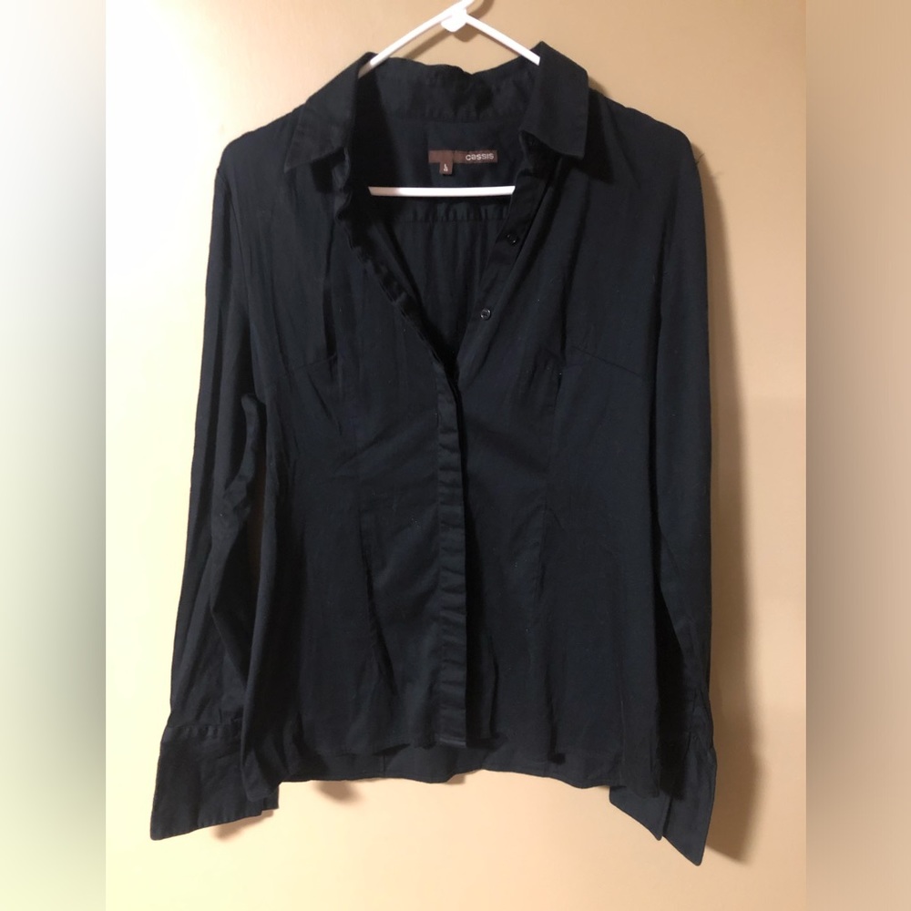 Cassis Black Long Sleeve Button Up Collared Blouse